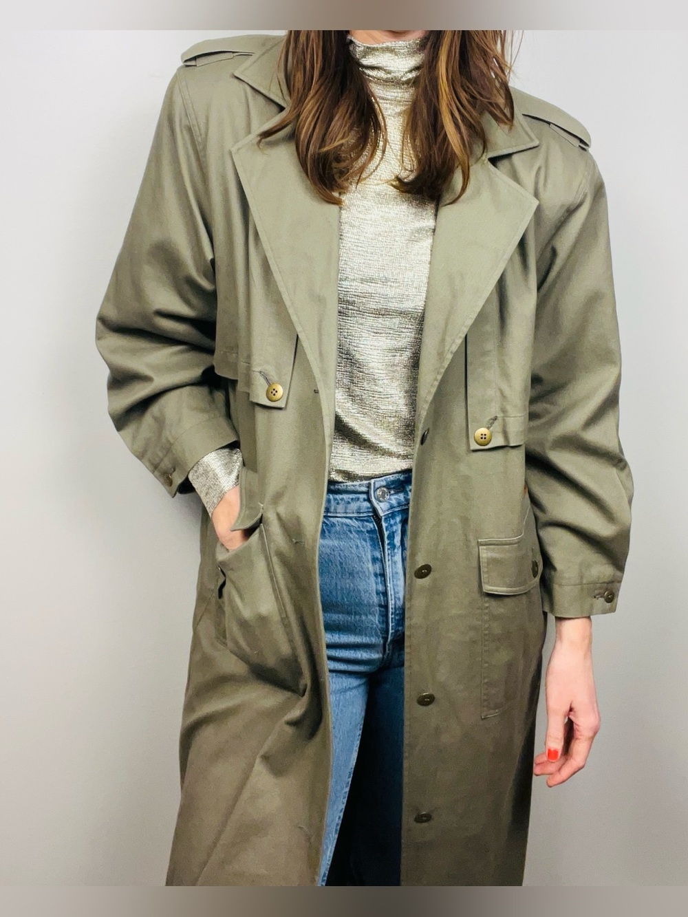 Vintage Together Military-Style Trench Coat – 100% Cotton –Khaki Green–Large